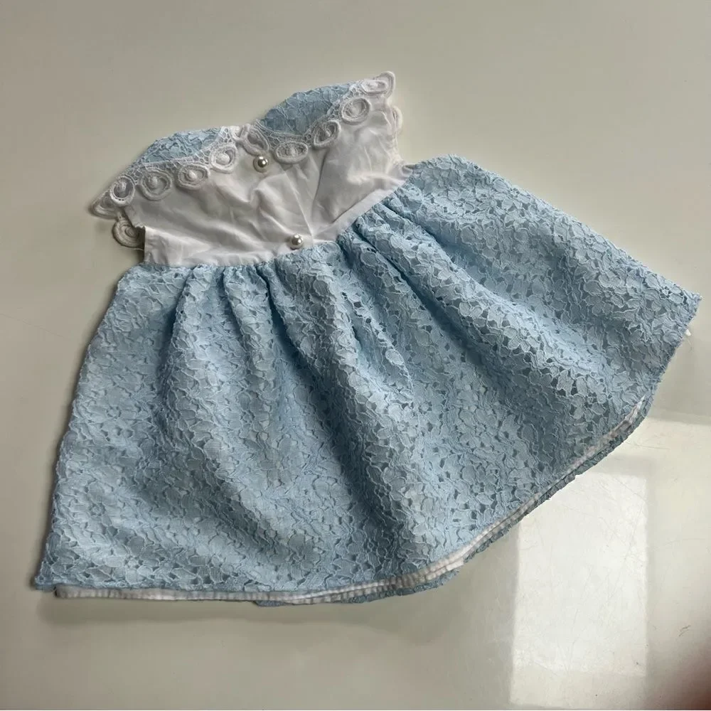 Dainty Vintage 1990s Baby Blue Lace Collared Pleated Two Tone Pearl Button Dress - Picture 4 of 6